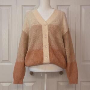 Cozy Soft Cream Pink Gradient Stripe Coquette Cardigan Contrast Trim; Cider, XS